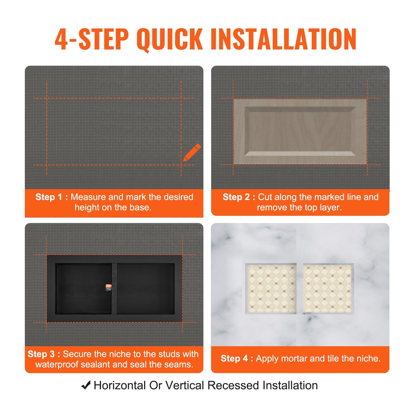 Shower Niche Ready for Tile 40.64 x 81.28 cm, Double Shelf Organizer, Square Corners Wall-inserted Niche Recessed, Sealed Protection Modern Soap Storage Niche for Shower Bathroom, Black