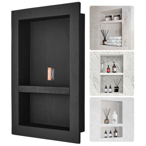 Shower Niche Ready for Tile 40.64 x 60.96 cm, Double Shelf Organizer, Square Corners Wall-inserted Niche Recessed, Sealed Protection Modern Soap Storage Niche for Shower Bathroom, Black