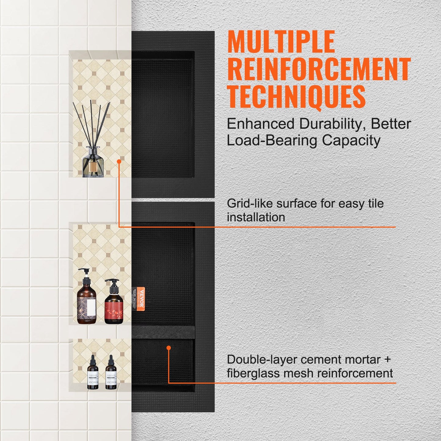 Shower Niche Ready for Tile 40.64x40.64cm & 40.64x50.8cm, Triple Shelf, Square Corners Wall-inserted Niche Recessed, Sealed Protection Modern Soap Storage Niche for Shower Bathroom, Black