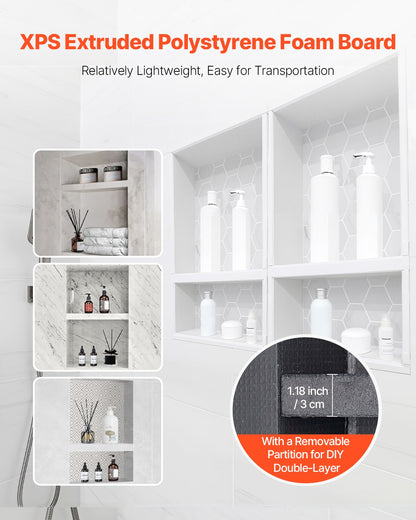 Duschnisch, 40,6 x 61,0 cm + 40,6 x 61,0 cm Infälld väggnisch med flyttbar hylla, 10,2 cm tjock modern tvål- och schampoförvaring, fyrkantiga hörn, förseglad vattentät, svart för badrum