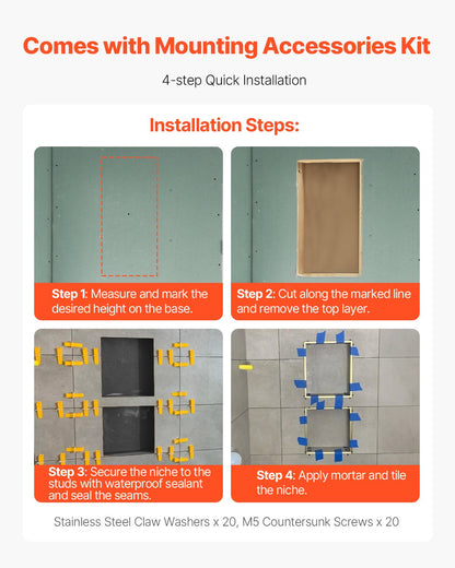 Duschnisch, 40,6 x 61,0 cm + 40,6 x 61,0 cm Infälld väggnisch med flyttbar hylla, 10,2 cm tjock modern tvål- och schampoförvaring, fyrkantiga hörn, förseglad vattentät, svart för badrum