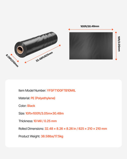 10 Mil Plastic Sheeting Heavy Duty 10' x 100', Thick Plastic Sheeting Roll, Plastic Drop Cloth Painters Tarp, Polyethylene Covering for Crawl Space Vapor Barrier, Multi-Purpose, Black