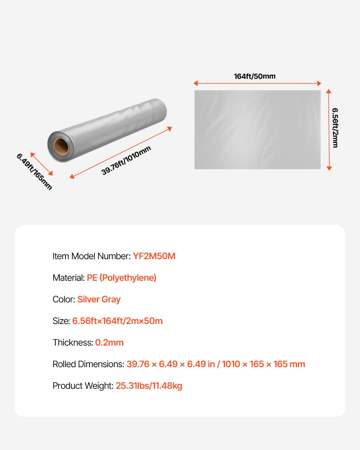 8Mil Plastic Sheeting, 6.5 x 164 FT Crawl Space Vapor Barrier, Heavy Duty Garden Polyethylene Sheeting Roll, Multi-Purpose Construction Plastic, Painters Tarp for Farm Plastic Supply Grey