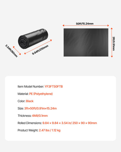 3FT x 50FT Plastic Sheeting Heavy Duty, 4 Mil Thick Plastic Sheeting Roll, Plastic Drop Cloth Painters Tarp, Polyethylene Covering for Crawl Space Vapor Barrier, Multi-Purpose, Black