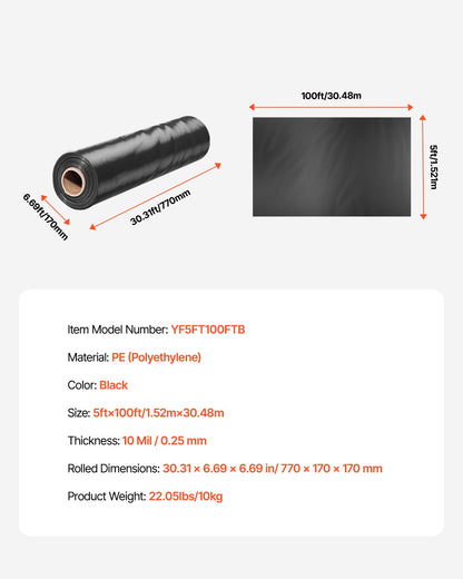 10 Mil Plastic Sheeting Heavy Duty 5' x 100', Thick Plastic Sheeting Roll, Plastic Drop Cloth Painters Tarp, Polyethylene Covering for Crawl Space Vapor Barrier, Multi-Purpose, Black