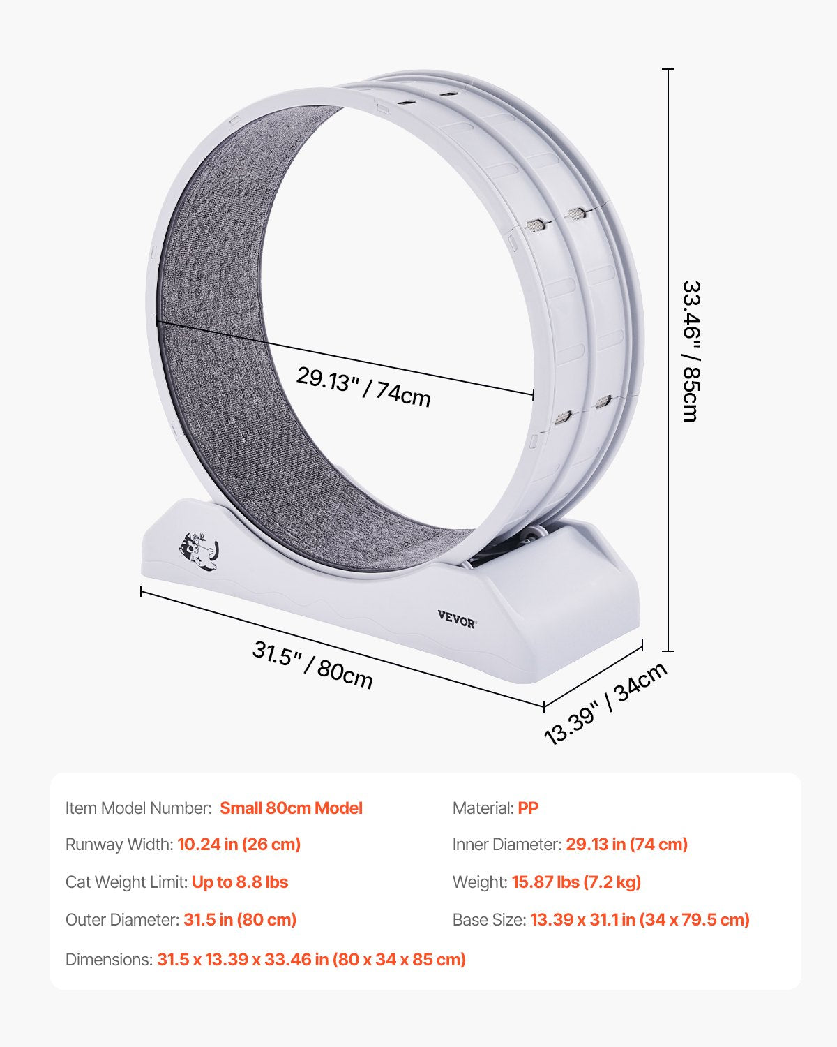 Kattträningshjul, 31,5 tum, stort kattlöphjul med säker broms och mattad bana, tystgående kattlöpband, inomhuskattträningshjul för husdjur, viktminskning och hälsa, vit
