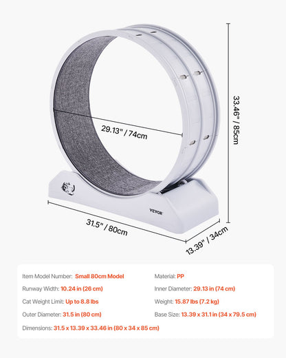 Kattträningshjul, 31,5 tum, stort kattlöphjul med säker broms och mattad bana, tystgående kattlöpband, inomhuskattträningshjul för husdjur, viktminskning och hälsa, vit