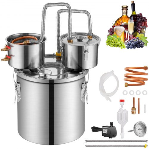 Alkoholdestillator, 13,2 gal / 50 l vattenalkoholdestilleri i rostfritt stål med kopparspiral för snabb kylning, dubbelkondensordestillerisats med sekundär destillation, för vin, whisky, brandy, silver