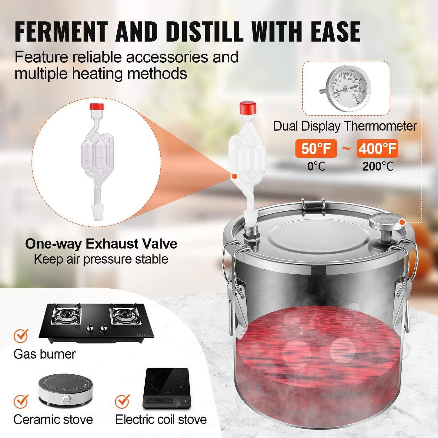 Alkoholdestillator, 3 gallon / 11,4 l rostfritt stål vattenalkoholdestilleri med spolkylning, hembryggningsraffinering och jäsningskit med dubbel displaytermometer, för vin, whisky, brandy, silver