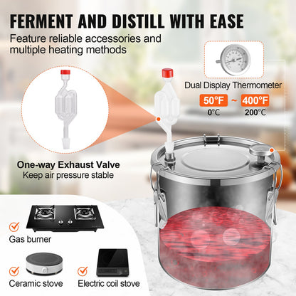 Alkoholdestillator, 3 gallon / 11,4 l rostfritt stål vattenalkoholdestilleri med spolkylning, hembryggningsraffinering och jäsningskit med dubbel displaytermometer, för vin, whisky, brandy, silver