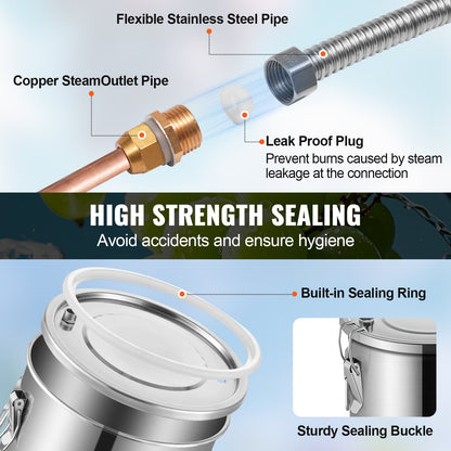 Alkoholdestillator, 3 gallon / 11,4 l rostfritt stål vattenalkoholdestilleri med spolkylning, hembryggningsraffinering och jäsningskit med dubbel displaytermometer, för vin, whisky, brandy, silver
