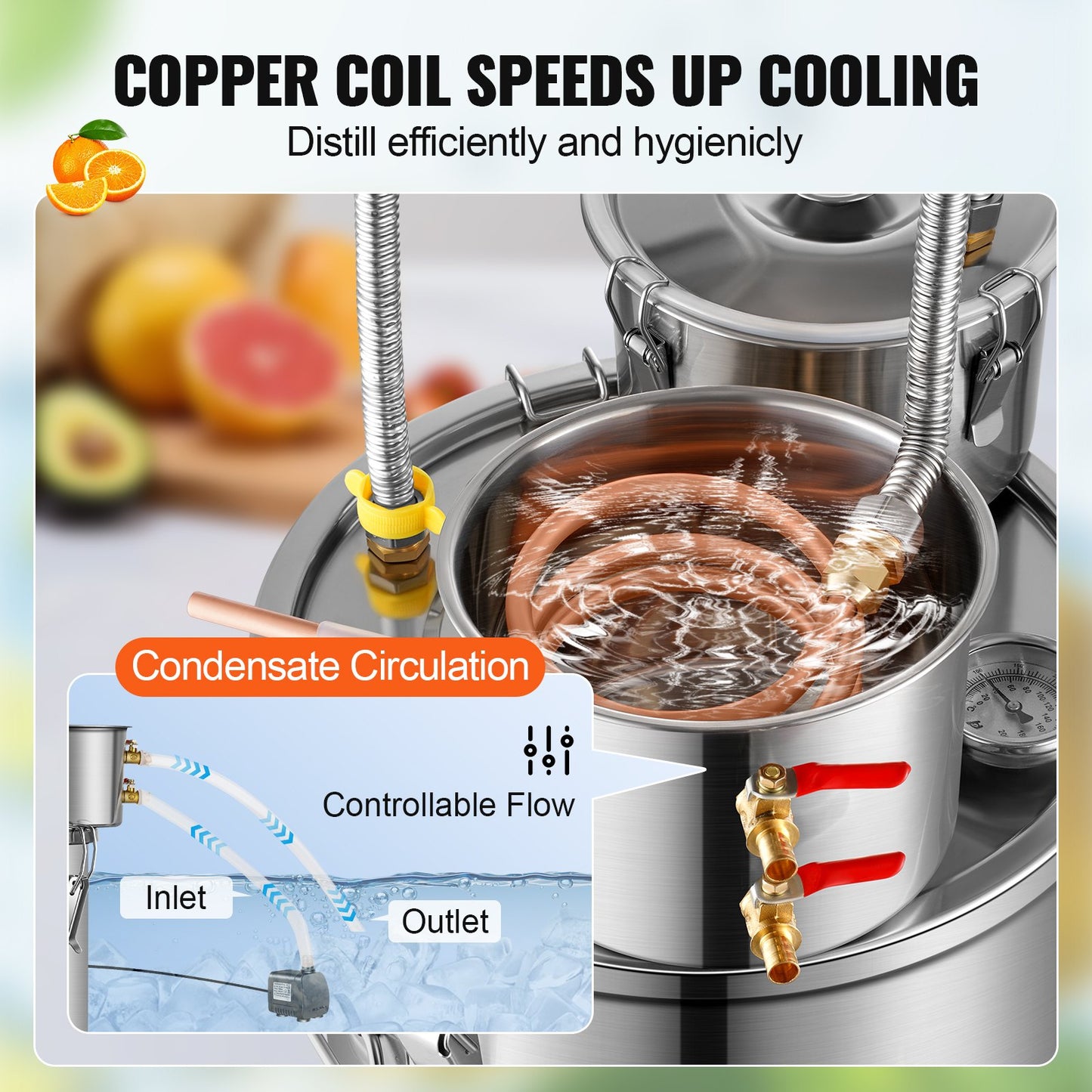 Alkoholdestillator, 3 gallon / 11,4 l vattenalkoholdestilleri i rostfritt stål med kopparspiral för snabb kylning, destillationssats med dubbel kondensor och sekundär destillation, för vin, whisky, brandy, silver
