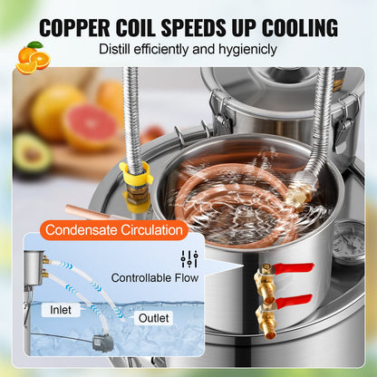 Alkoholdestillator, 3 gallon / 11,4 l vattenalkoholdestilleri i rostfritt stål med kopparspiral för snabb kylning, destillationssats med dubbel kondensor och sekundär destillation, för vin, whisky, brandy, silver