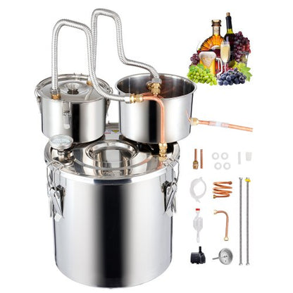 Alkoholdestillator, 5 gallon / 19 l vattenalkoholdestilleri i rostfritt stål med kopparspiral för snabb kylning, destillationssats med dubbel kondensor och sekundär destillation, för vin, whisky, brandy, silver