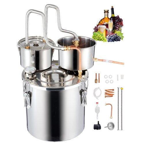 Alkoholdestillator, 5 gallon / 19 l vattenalkoholdestilleri i rostfritt stål med kopparspiral för snabb kylning, destillationssats med dubbel kondensor och sekundär destillation, för vin, whisky, brandy, silver