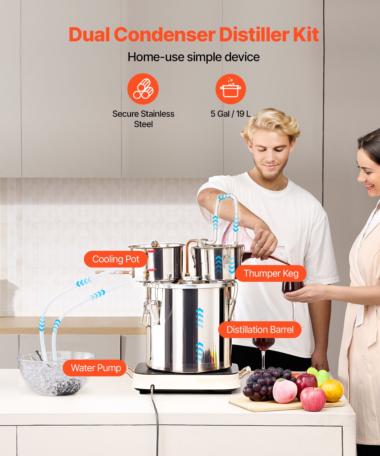 Alkoholdestillator, 5 gallon / 19 l vattenalkoholdestilleri i rostfritt stål med kopparspiral för snabb kylning, destillationssats med dubbel kondensor och sekundär destillation, för vin, whisky, brandy, silver