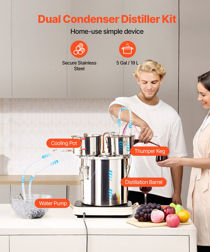 Alkoholdestillator, 5 gallon / 19 l vattenalkoholdestilleri i rostfritt stål med kopparspiral för snabb kylning, destillationssats med dubbel kondensor och sekundär destillation, för vin, whisky, brandy, silver