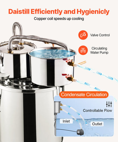 Alkoholdestillator, 5 gallon / 19 l vattenalkoholdestilleri i rostfritt stål med kopparspiral för snabb kylning, destillationssats med dubbel kondensor och sekundär destillation, för vin, whisky, brandy, silver
