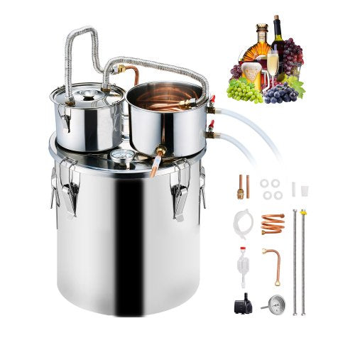 Alkoholdestillator, 8 gallon / 30 liter vattenalkoholdestilleri i rostfritt stål med kopparspiral för snabb kylning, destillationssats med dubbel kondensor och sekundär destillation, för vin, whisky, brandy, silver