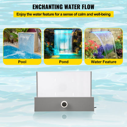 Utlopp för poolfontän 28,5 x 8,1 x 21,5 cm, utlopp för fontän med blå LED-ljusremsa, poolvattenfallsfontän i massiv akryl, poolvattenfall för trädgårdsdamm, simbassäng, kvadrater