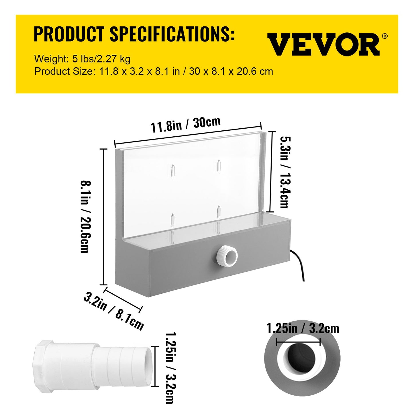 Utlopp för poolfontän 28,5 x 8,1 x 21,5 cm, utlopp för fontän med blå LED-ljusremsa, poolvattenfallsfontän i massiv akryl, poolvattenfall för trädgårdsdamm, simbassäng, kvadrater