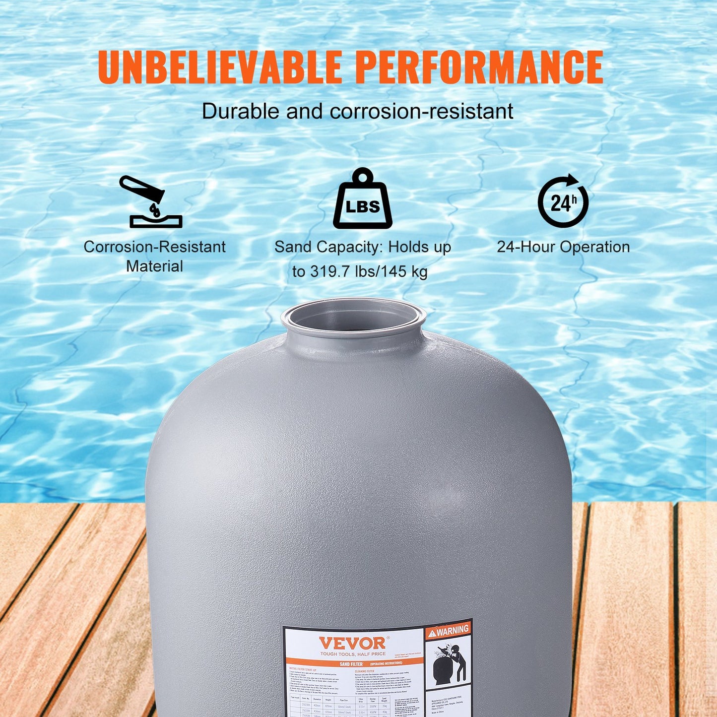 Sand Filter, 24-inch, Up to 65 GPM Flow Rate, Above Inground Swimming Pool Sand Filter System with 7-Way Multi-Port Valve, Filter, Backwash, Rinse, Recirculate, Waste, Winter, Closed Functions