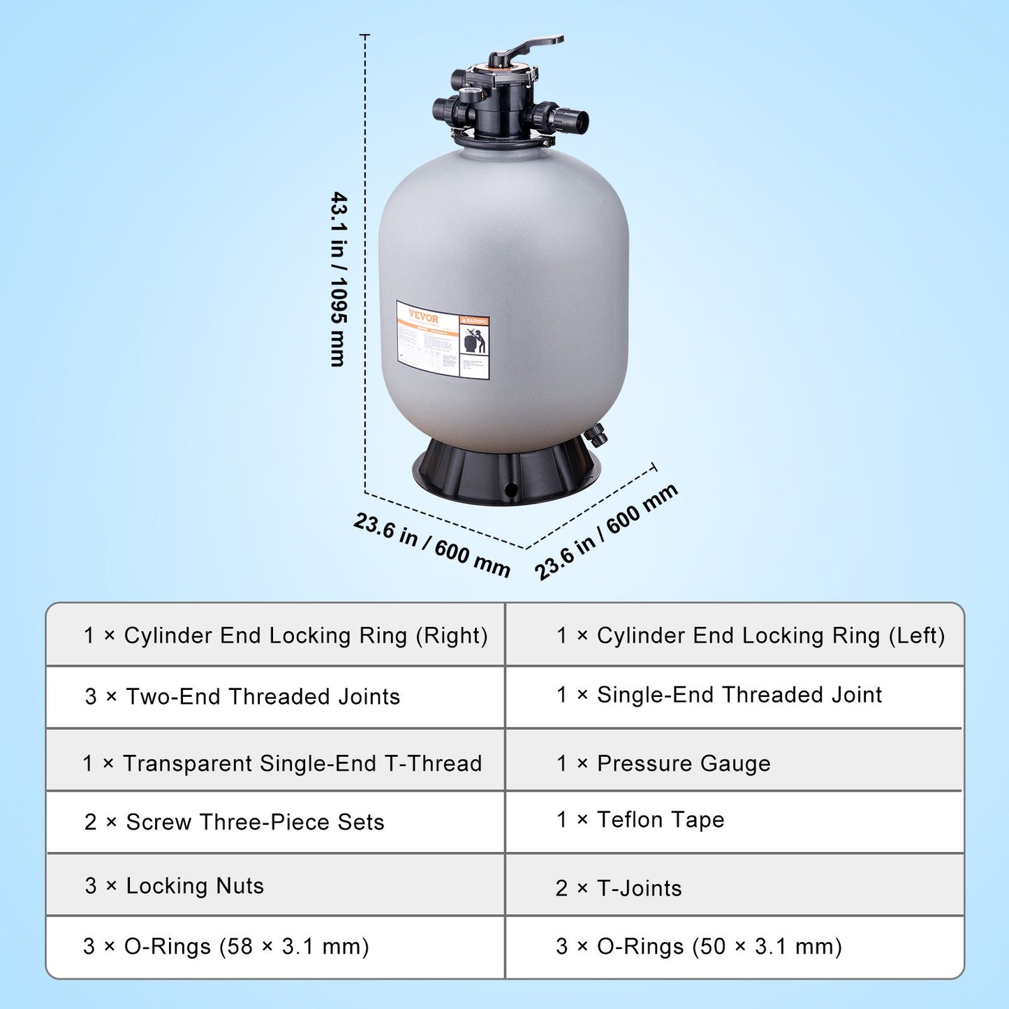 Sand Filter, 24-inch, Up to 65 GPM Flow Rate, Above Inground Swimming Pool Sand Filter System with 7-Way Multi-Port Valve, Filter, Backwash, Rinse, Recirculate, Waste, Winter, Closed Functions