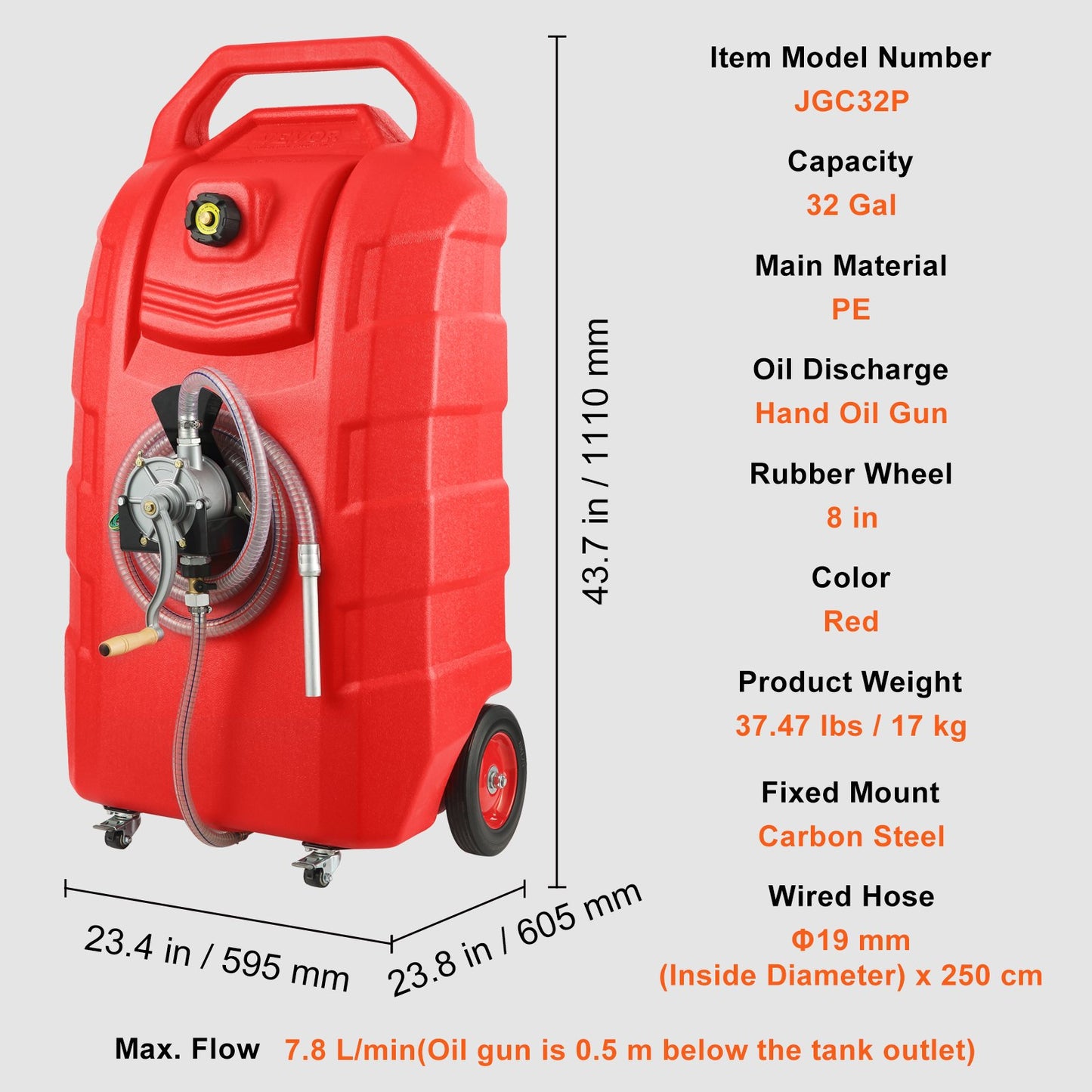 Fuel Caddy, 32 Gallon, Portable Fuel Storage Tank On-Wheels, with Manual Transfer Pump, Gasoline Diesel Fuel Container for Cars, Lawn Mowers, ATVs, Boats, More, Red