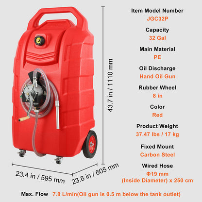 Fuel Caddy, 32 Gallon, Portable Fuel Storage Tank On-Wheels, with Manual Transfer Pump, Gasoline Diesel Fuel Container for Cars, Lawn Mowers, ATVs, Boats, More, Red