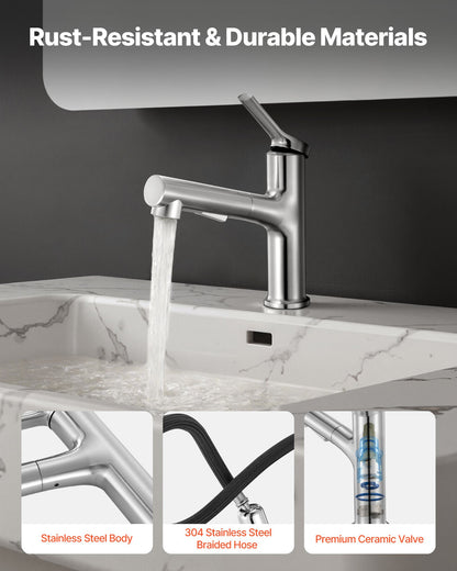 Enkelgreppsblandare för handfat, Utdragbar kran med ett eller tre hål, Tvättställsblandare i borstat nickel i rostfritt stål med tryckknapp, Lämplig för badrum, husbil, offentlig toalett, Blyfri