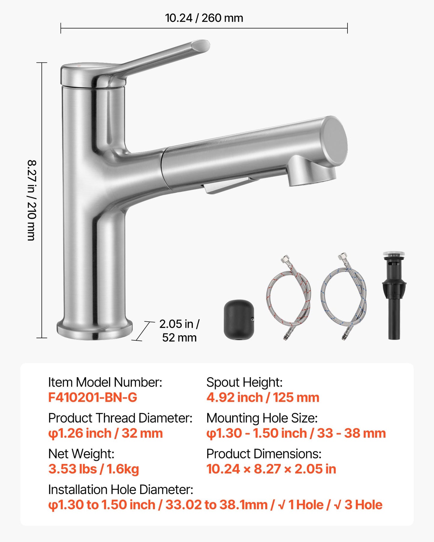 Enkelgreppsblandare för handfat, Utdragbar kran med ett eller tre hål, Tvättställsblandare i borstat nickel i rostfritt stål med tryckknapp, Lämplig för badrum, husbil, offentlig toalett, Blyfri