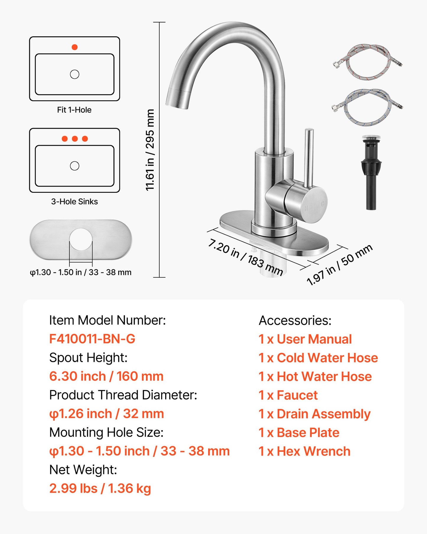 Single Handle Sink Faucet, Brushed Nickel Single Handle Bathroom Faucet, Kitchen Water Faucets with Anti-Splash Aerator, Suitable for Bathroom, RV, Bar Sink, Public Restroom, High Arc Spout