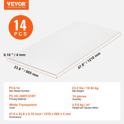 14-pack polykarbonat växthuspaneler, 2' x 4' x 0,16'' takpaneler, vattentät UV-skyddad korrugerad plasttakläggning, slagtålig genomskinlig takplåt för växthus/trädgård