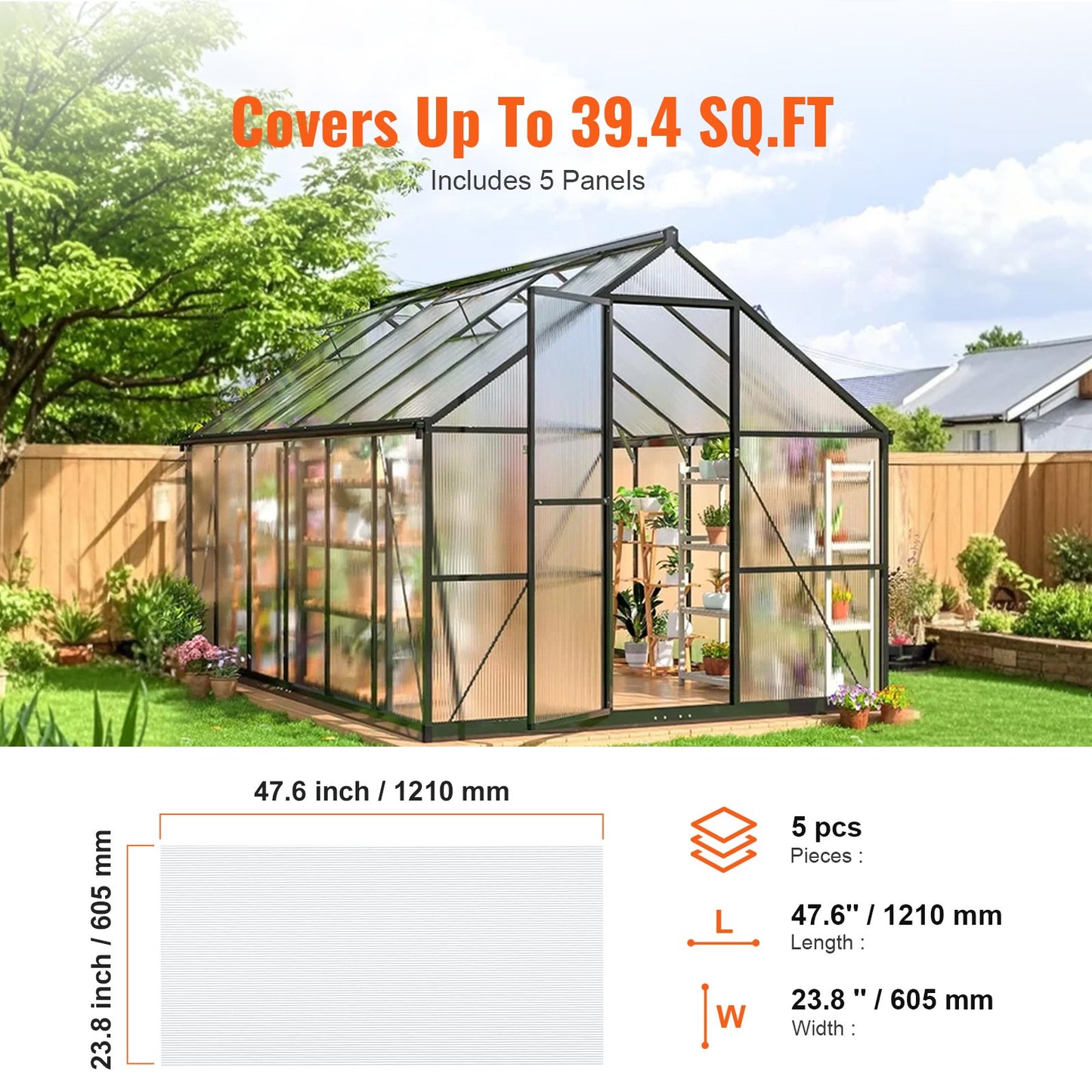 5 Pack Polycarbonate Greenhouse Panels, 2' X 4' X 0.32'' Roof Panels Sheets, Waterproof UV Protected Corrugated Plastic Roofing, Impact Resistance Clear Roofing Sheets for Greenhouse/Garden