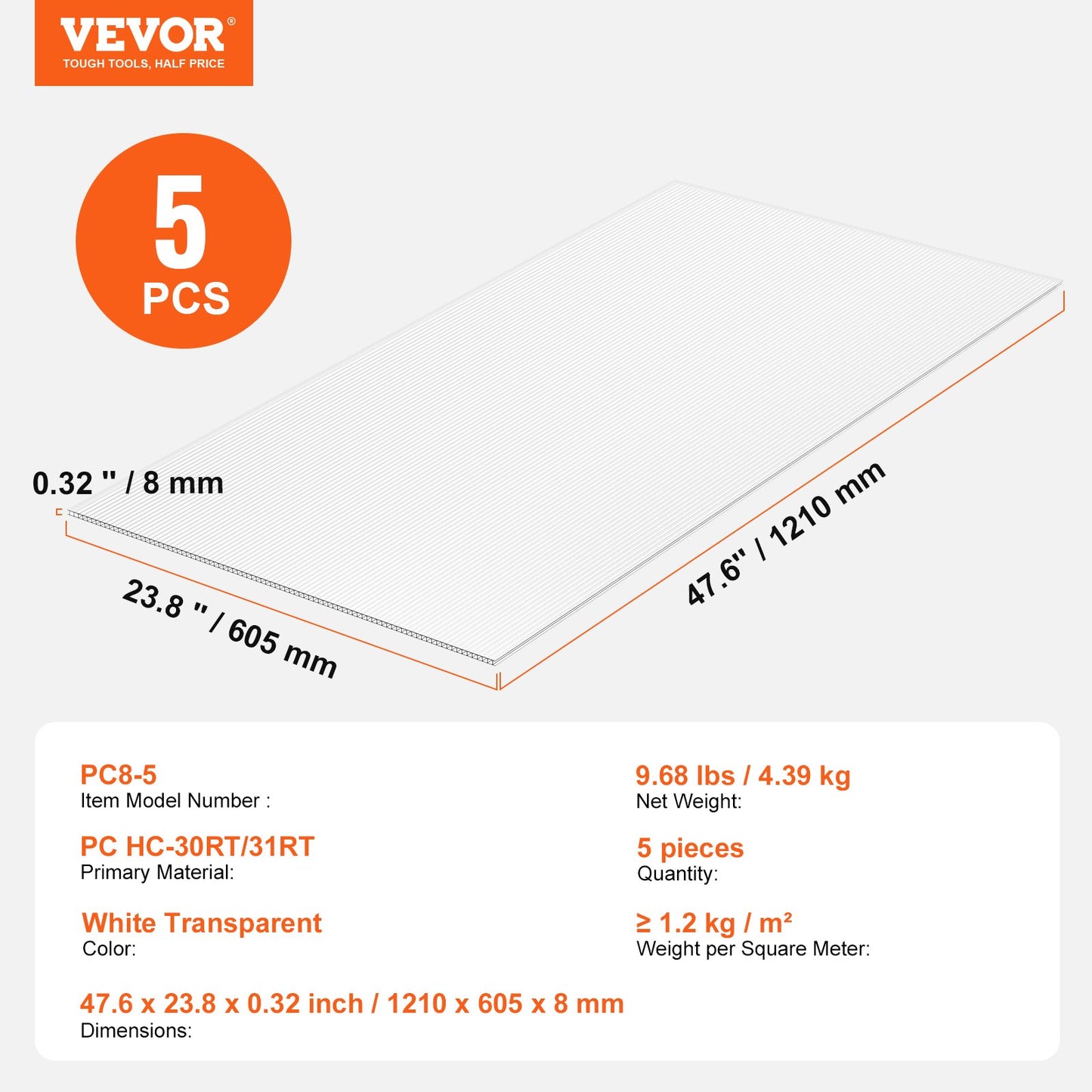 5 Pack Polycarbonate Greenhouse Panels, 2' X 4' X 0.32'' Roof Panels Sheets, Waterproof UV Protected Corrugated Plastic Roofing, Impact Resistance Clear Roofing Sheets for Greenhouse/Garden