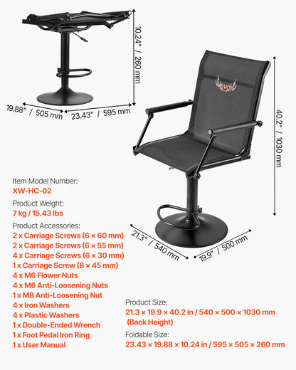 Hunting Chair, 360° Silent Swivel, Lightweight Blind Chair, Heavy-Duty Steel Frame Ground Stool Seat, with Padded Armrests, Height Adjustable, 136 Kg Capacity, for Outdoor Fishing, Camping