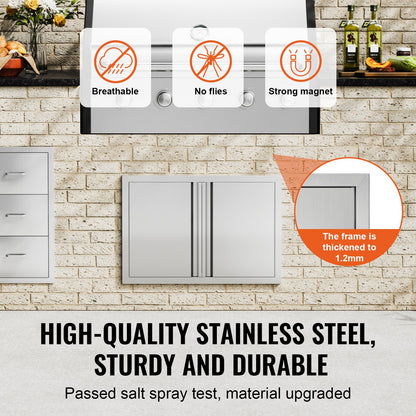 BBQ Access Door, 710x482 mm Double Outdoor Kitchen Door, Stainless Steel Flush Mount Door, Wall Vertical Door with Recessed Handles , for BBQ Island, Grilling Station, Outside Cabinet