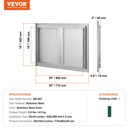 BBQ Access Door, 710x482 mm Double Outdoor Kitchen Door, Stainless Steel Flush Mount Door, Wall Vertical Door with Recessed Handles , for BBQ Island, Grilling Station, Outside Cabinet