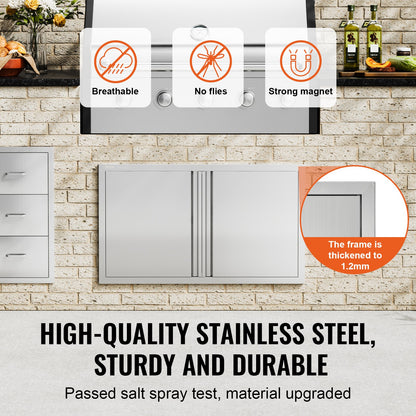 BBQ Access Door, 914x534 mm Double Outdoor Kitchen Door, Stainless Steel Flush Mount Door, Wall Vertical Door with Recessed Handles , for BBQ Island, Grilling Station, Outside Cabinet