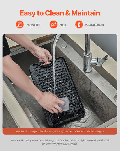 Reversible Grill/Griddle, 14x8.5 inch Pre-Seasoned Cast Iron Griddle, Portable Rectangular Pan with Handle, Family Cookware for Indoor/Outdoor Stove Top Burner, Gas, Camping BBQ, Black