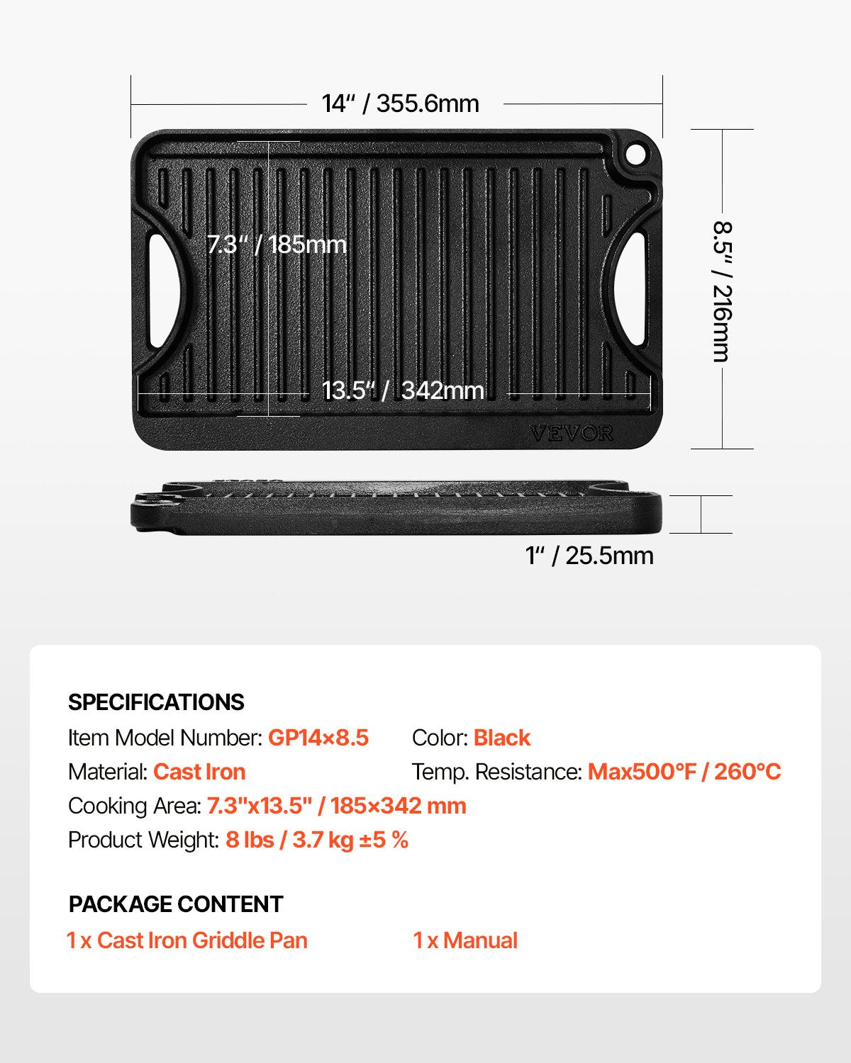Reversible Grill/Griddle, 14x8.5 inch Pre-Seasoned Cast Iron Griddle, Portable Rectangular Pan with Handle, Family Cookware for Indoor/Outdoor Stove Top Burner, Gas, Camping BBQ, Black