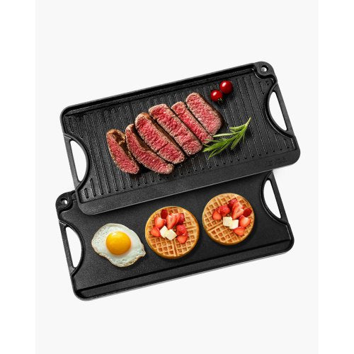 Reversible Grill/Griddle, 20x10 inch Pre-Seasoned Cast Iron Griddle, Portable Rectangular Pan with Handle, Family Cookware for Indoor/Outdoor Stove Top Burner, Gas, Camping BBQ, Black