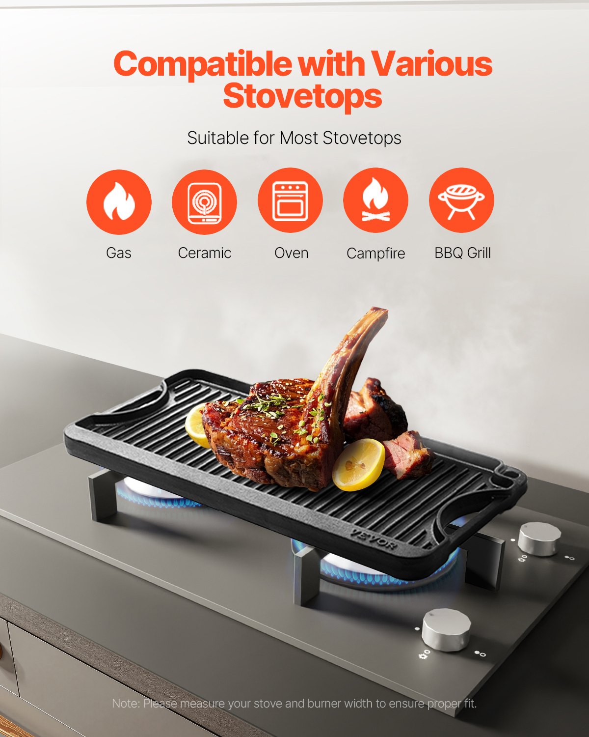 Vändbar grill/stekpanna, 20x10 tums förkryddat gjutjärnsstekpanna, bärbar rektangulär panna med handtag, familjeköksredskap för inomhus-/utomhusspis, gas, campinggrill, svart