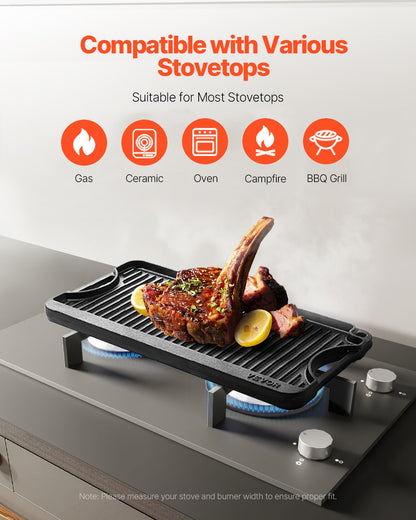 Vändbar grill/stekpanna, 20x10 tums förkryddat gjutjärnsstekpanna, bärbar rektangulär panna med handtag, familjeköksredskap för inomhus-/utomhusspis, gas, campinggrill, svart