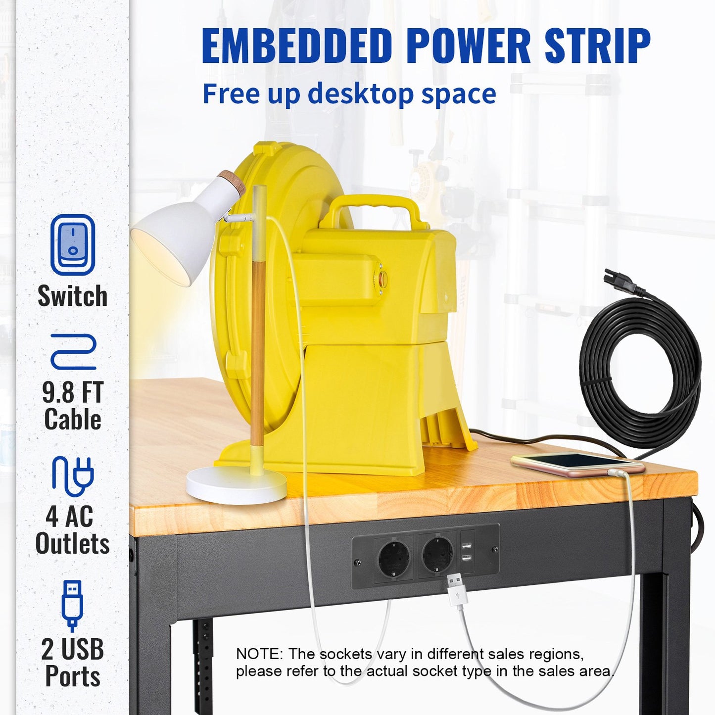 Adjustable Height Workbench 154.9 cm L x 50.8 cm W Work Bench Table with Power Outlet