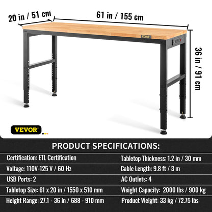 Adjustable Height Workbench 154.9 cm L x 50.8 cm W Work Bench Table with Power Outlet