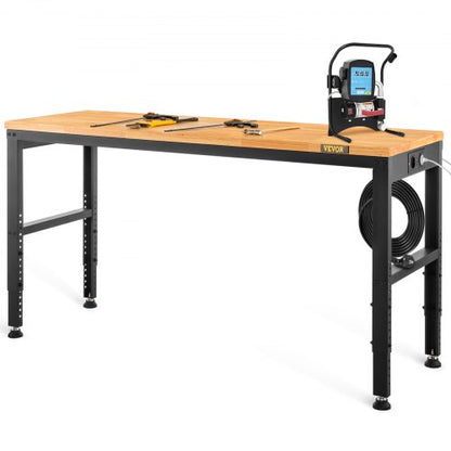 Arbetsbänk med justerbar höjd, garagebord 183 x 64 cm med höjder 72–97 cm och 900 kg lastkapacitet, med eluttag och bordsskiva i trä samt metallram och fotplattor, för kontor, hemmaverkstad