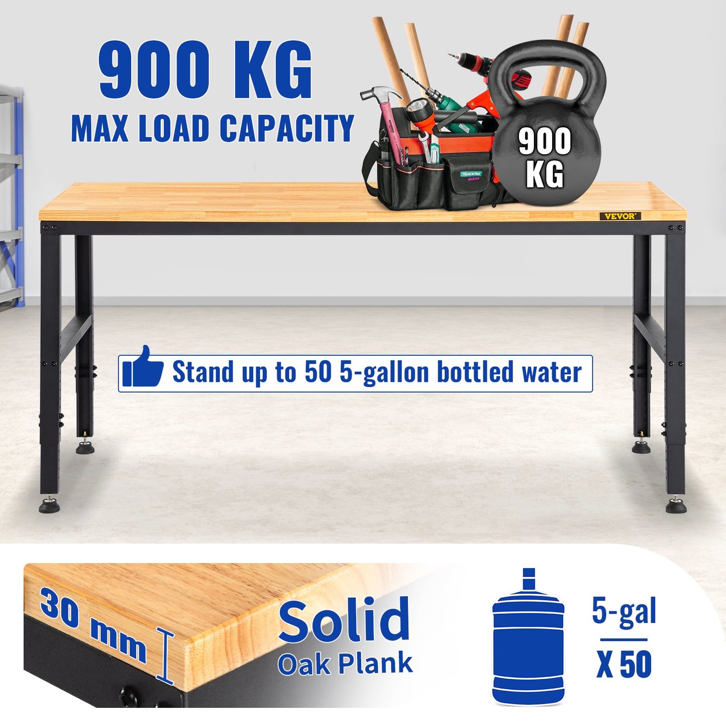 Arbetsbänk med justerbar höjd, garagebord 183 x 64 cm med höjder 72–97 cm och 900 kg lastkapacitet, med eluttag och bordsskiva i trä samt metallram och fotplattor, för kontor, hemmaverkstad