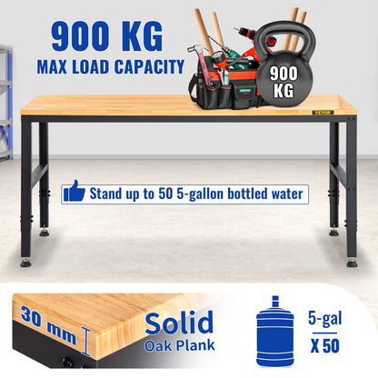 Arbetsbänk med justerbar höjd, garagebord 183 x 64 cm med höjder 72–97 cm och 900 kg lastkapacitet, med eluttag och bordsskiva i trä samt metallram och fotplattor, för kontor, hemmaverkstad