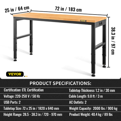 Arbetsbänk med justerbar höjd, garagebord 183 x 64 cm med höjder 72–97 cm och 900 kg lastkapacitet, med eluttag och bordsskiva i trä samt metallram och fotplattor, för kontor, hemmaverkstad